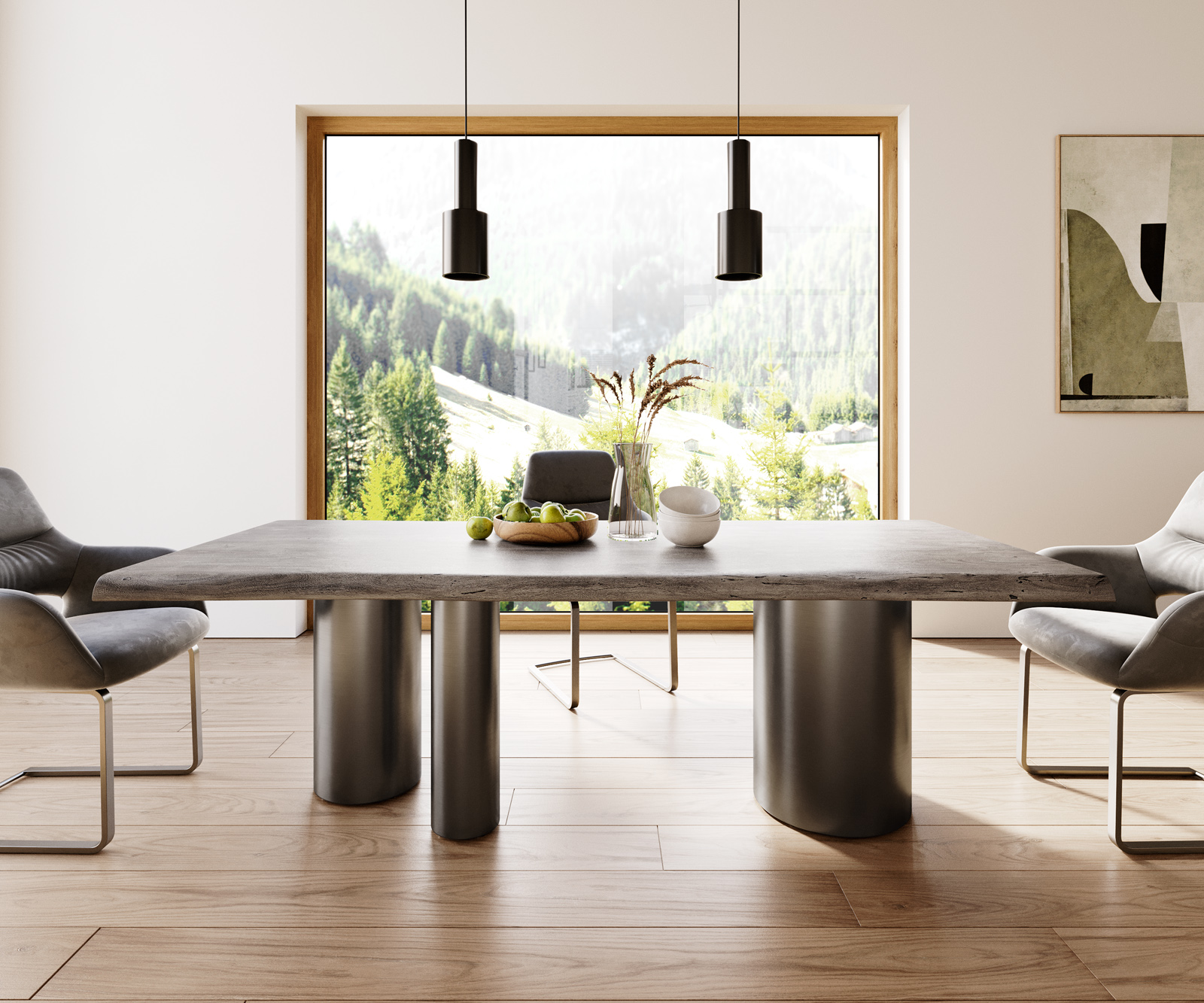 Étkezőasztal Edge 220x100 XL akác platina Troa rozsdamentes acél grafit Live-Edge - Image 2