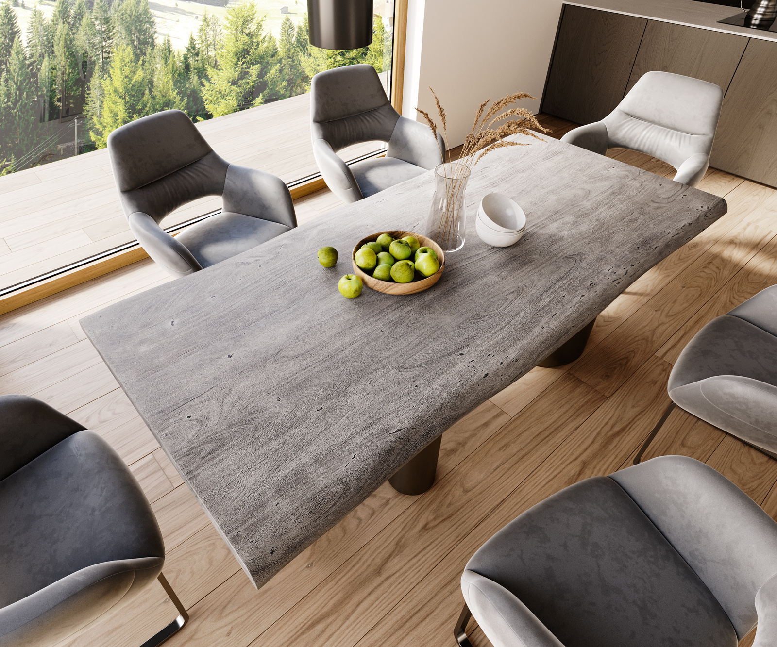 Étkezőasztal Edge 220x100 XL akác platina Troa rozsdamentes acél grafit Live-Edge - Image 4