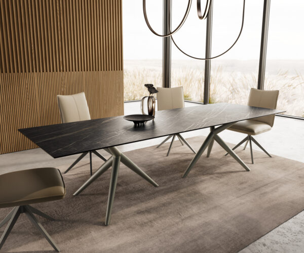 Étkezőasztal Edge 300x100 kerámia Laminam®Noir Desir barna Estelar kerek fém titán effekt felület