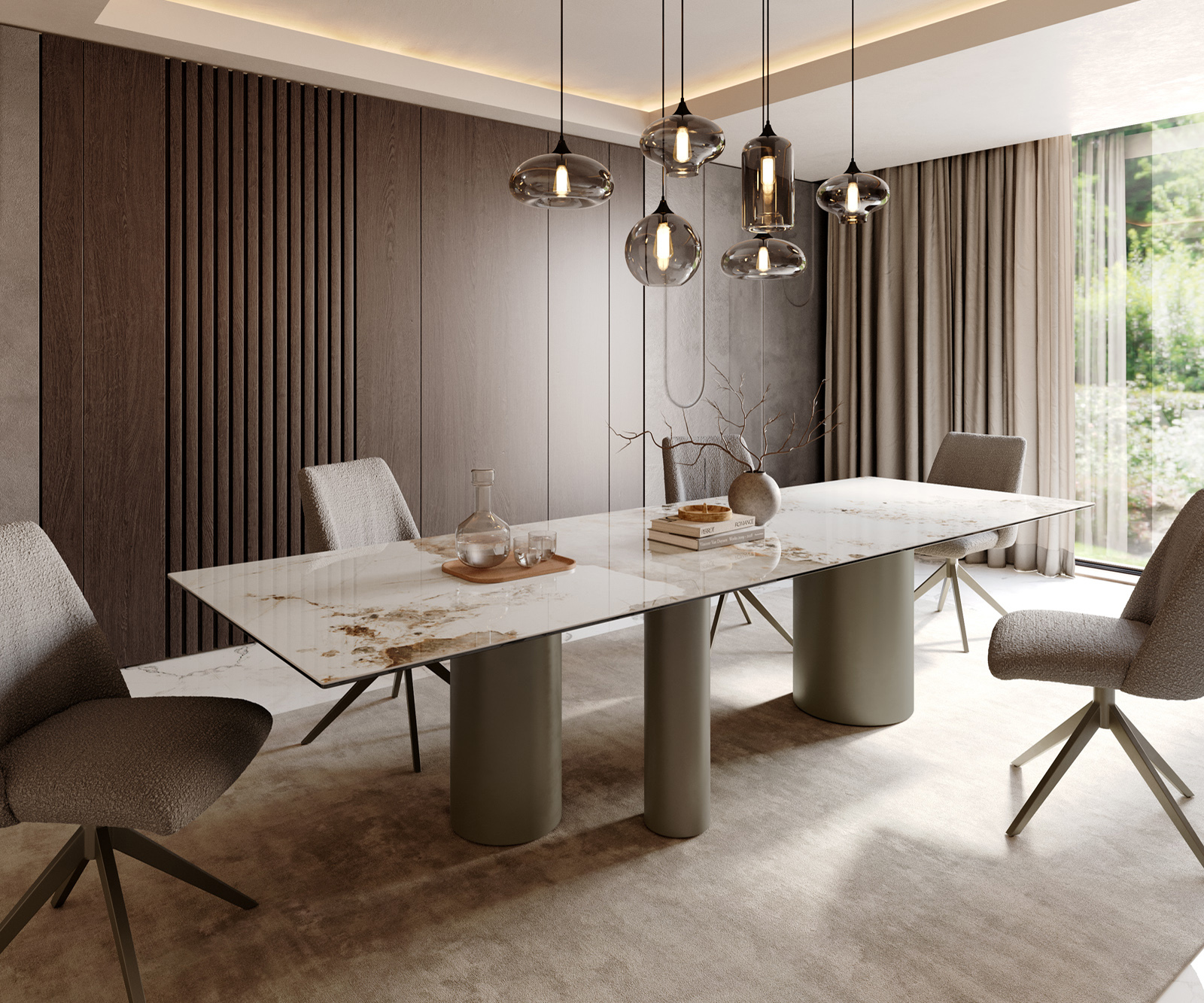 Étkezőasztal Edge 300x100 kerámia Minas melange fehér bézs Troa fém effekt felület titán