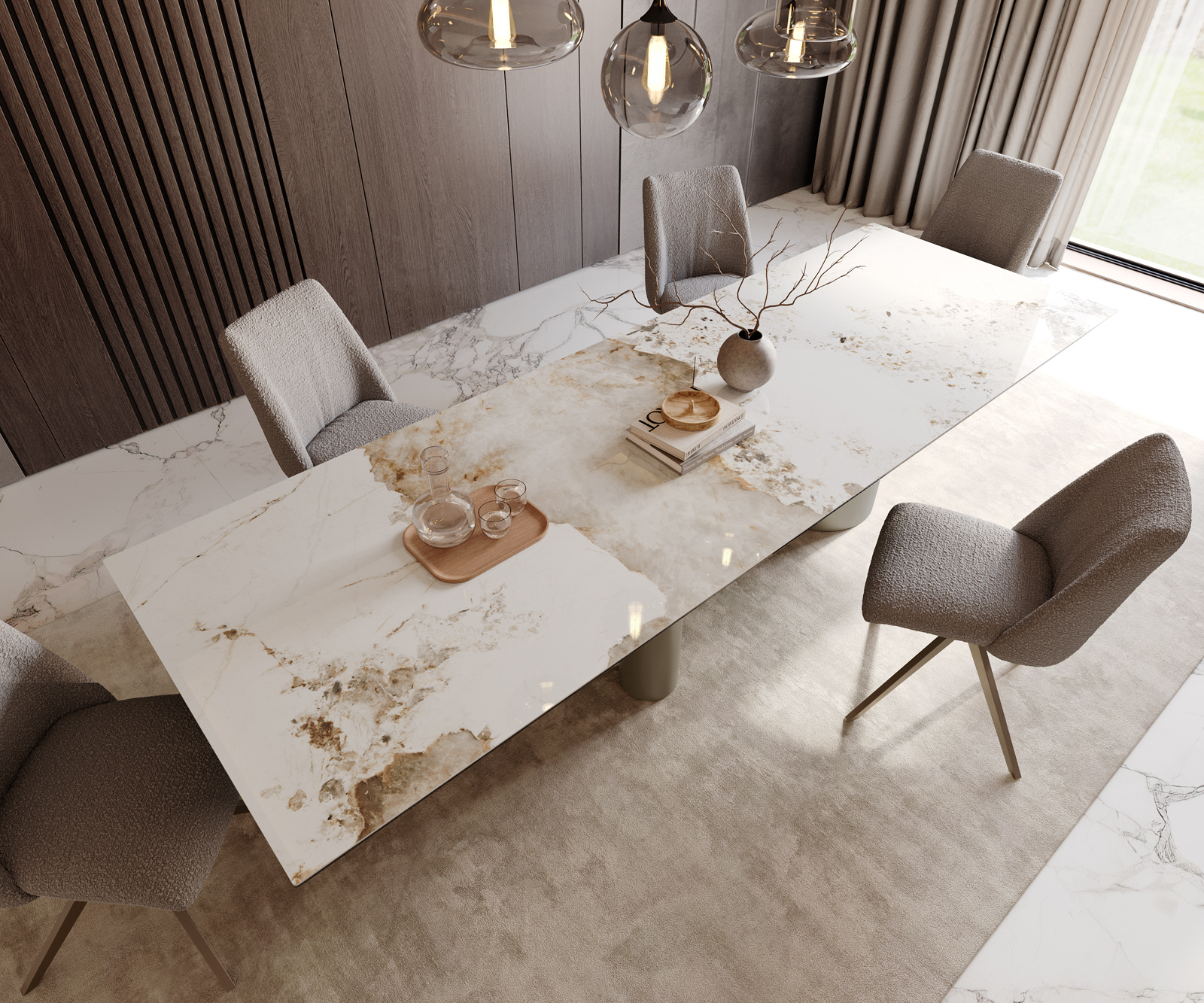 Étkezőasztal Edge 300x100 kerámia Minas melange fehér bézs Troa fém effekt felület titán - Image 4