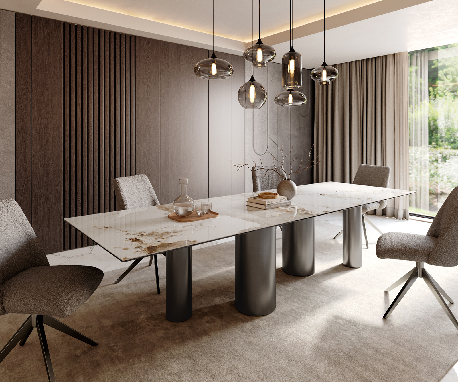 Étkezőasztal Edge 300x100 kerámia Minas melange fehér bézs oszlop rozsdamentes acél grafit