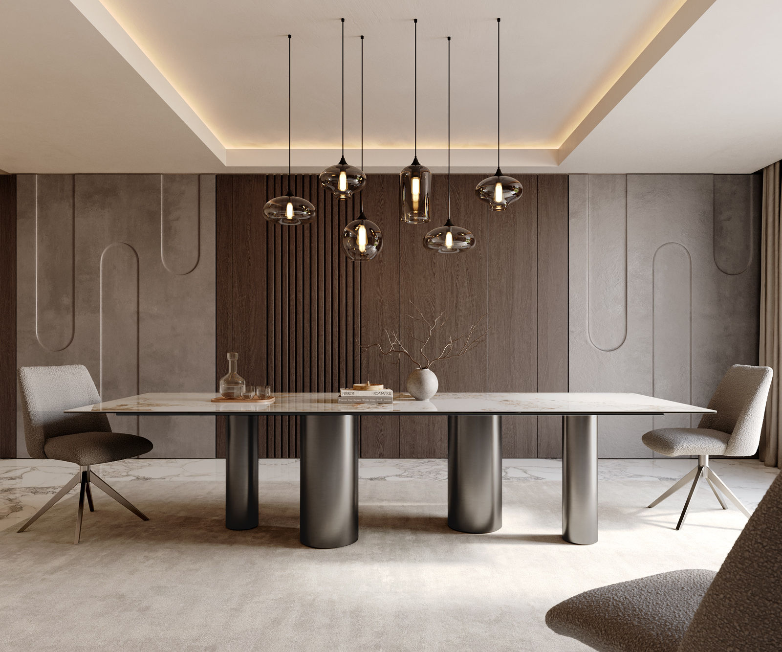 Étkezőasztal Edge 300x100 kerámia Minas melange fehér bézs oszlop rozsdamentes acél grafit - Image 2