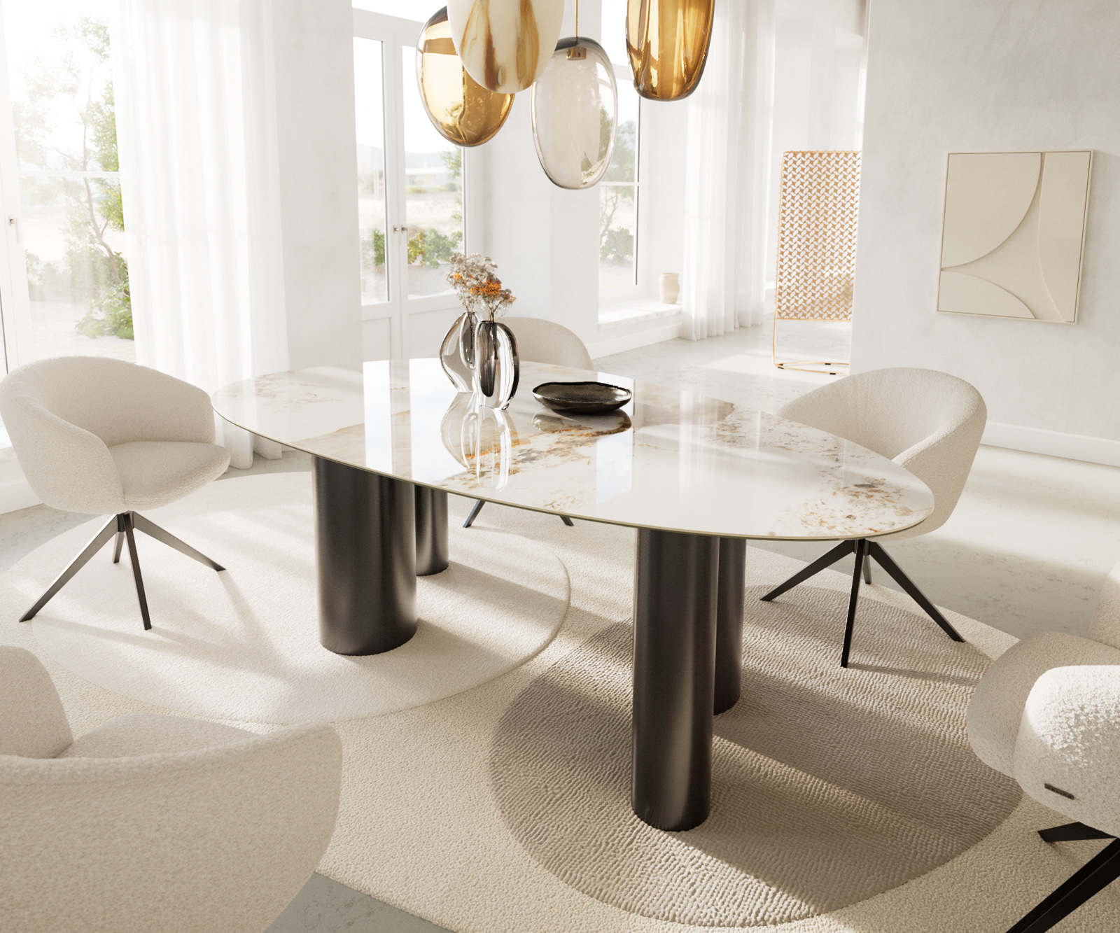 Étkezőasztal Edge ovális 220x120 kerámia Minas melange fehér-bézs pilier rozsdamentes acél grafit