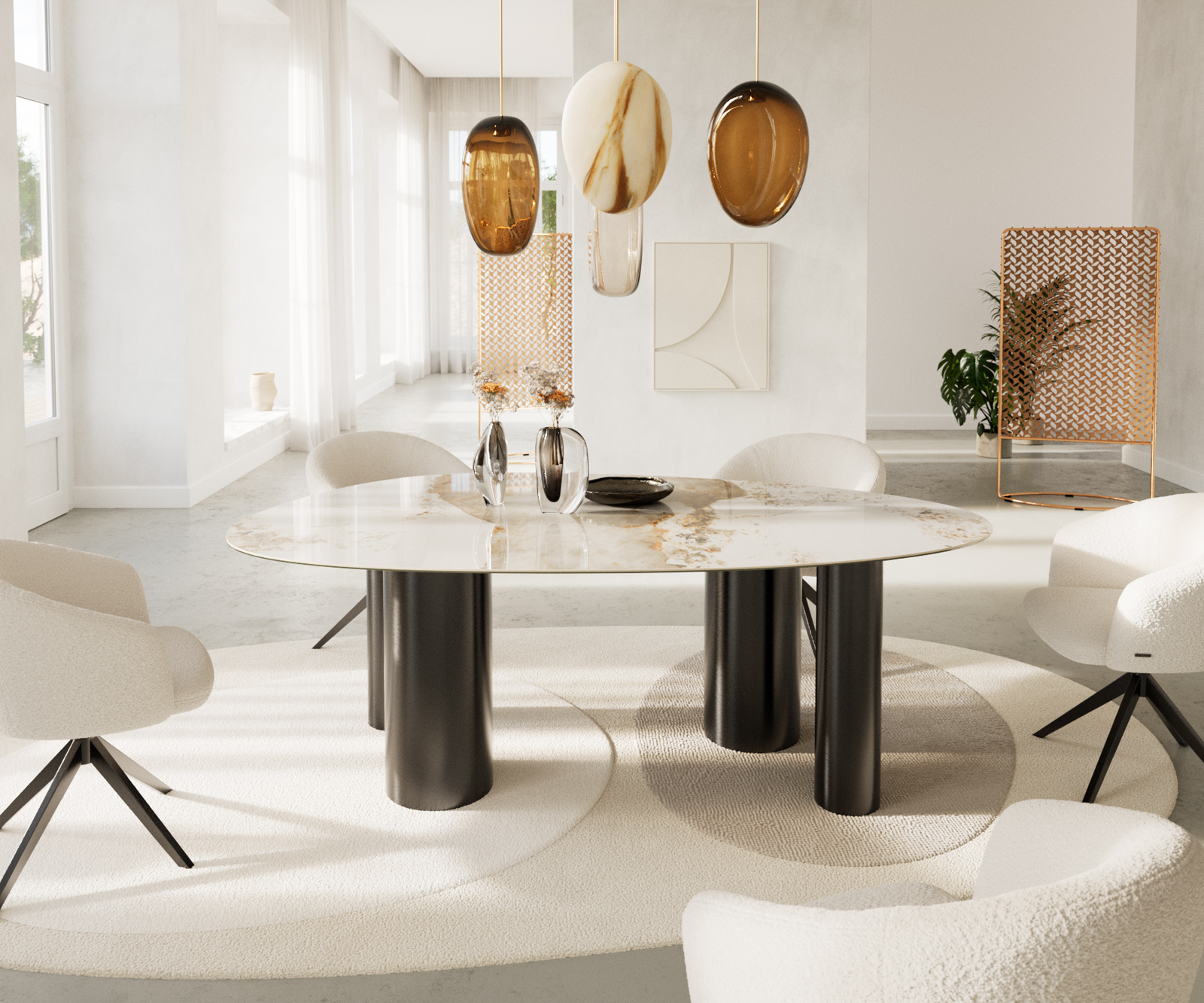 Étkezőasztal Edge ovális 220x120 kerámia Minas melange fehér-bézs pilier rozsdamentes acél grafit - Image 2