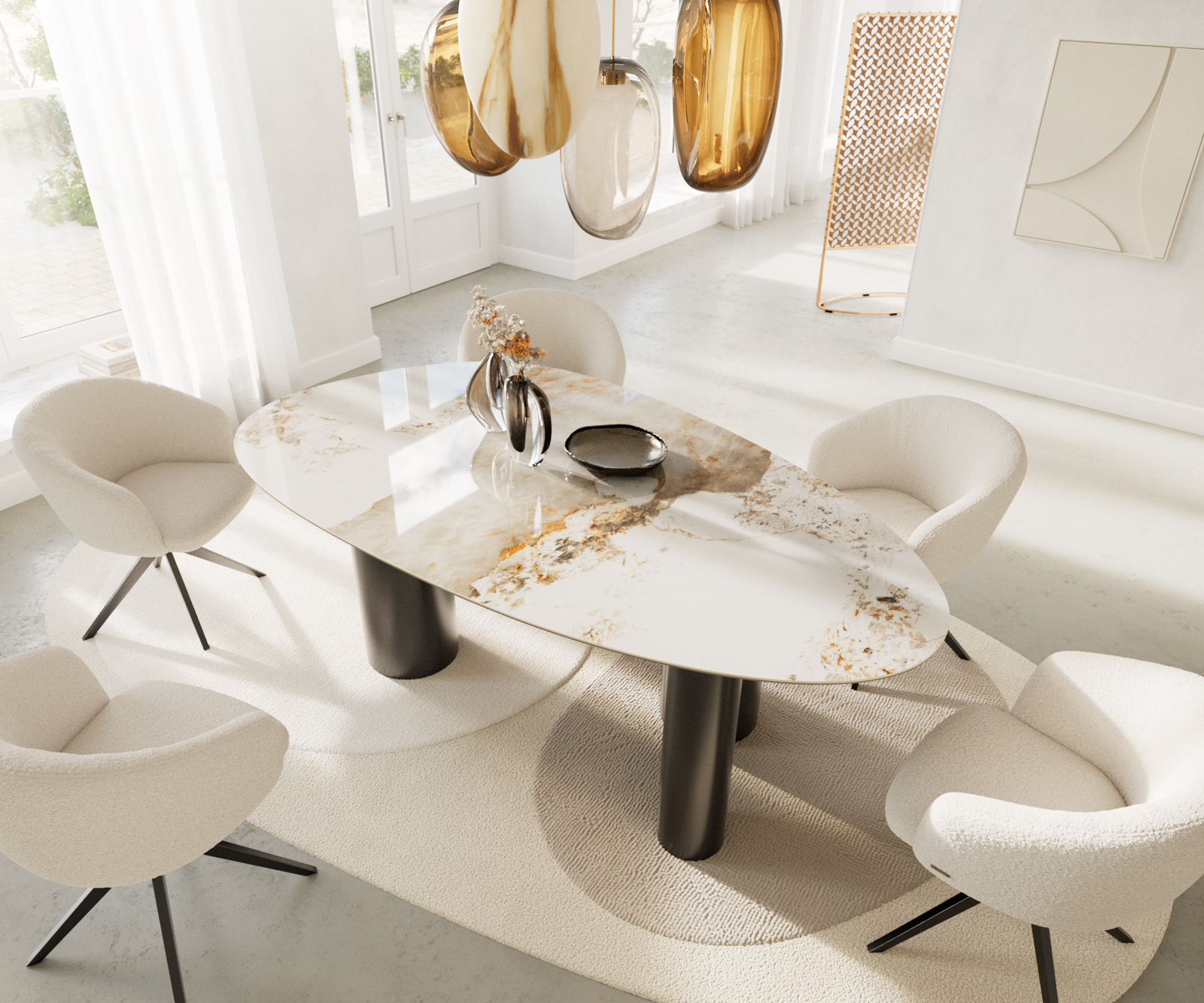 Étkezőasztal Edge ovális 220x120 kerámia Minas melange fehér-bézs pilier rozsdamentes acél grafit - Image 4