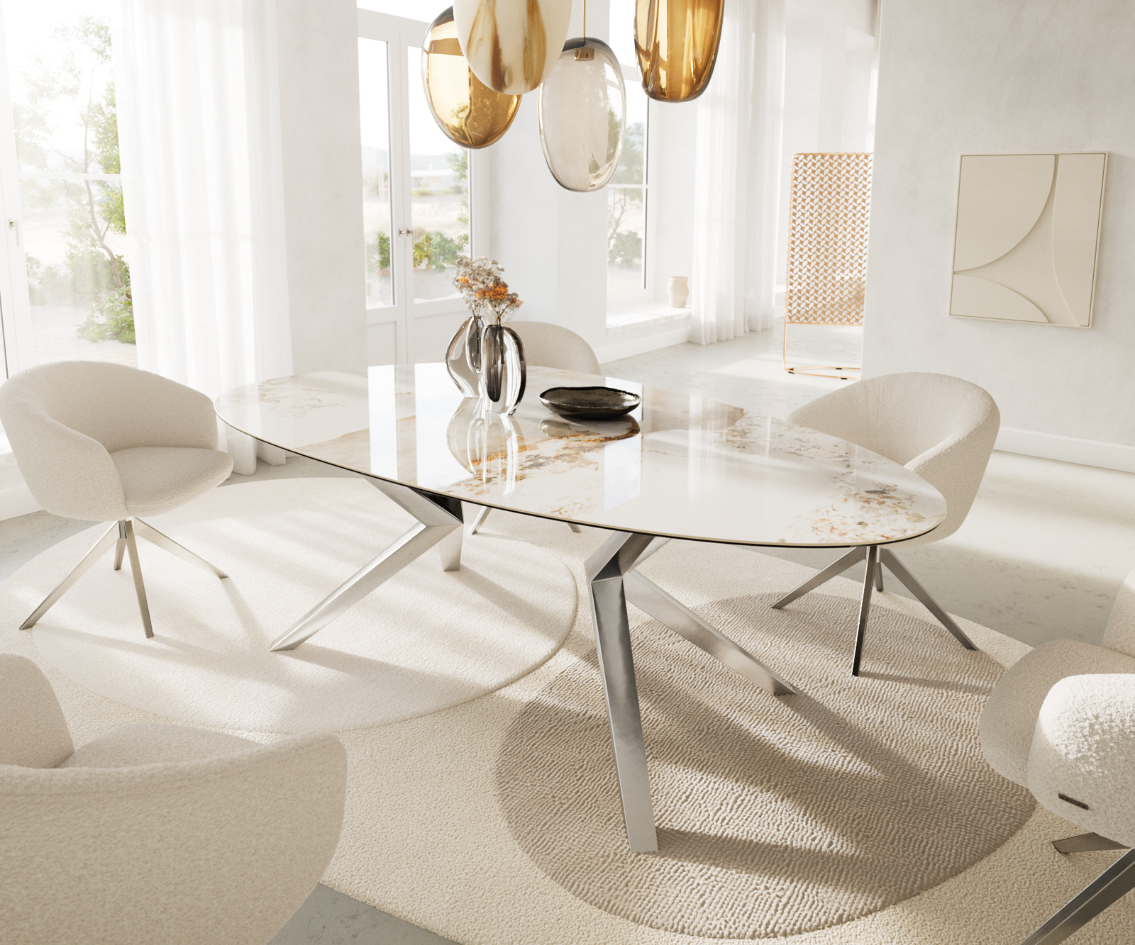 Étkezőasztal Edge ovális 220x120 kerámia Minas melange fehér-bézs Zenthara szögletes rozsdamentes acél