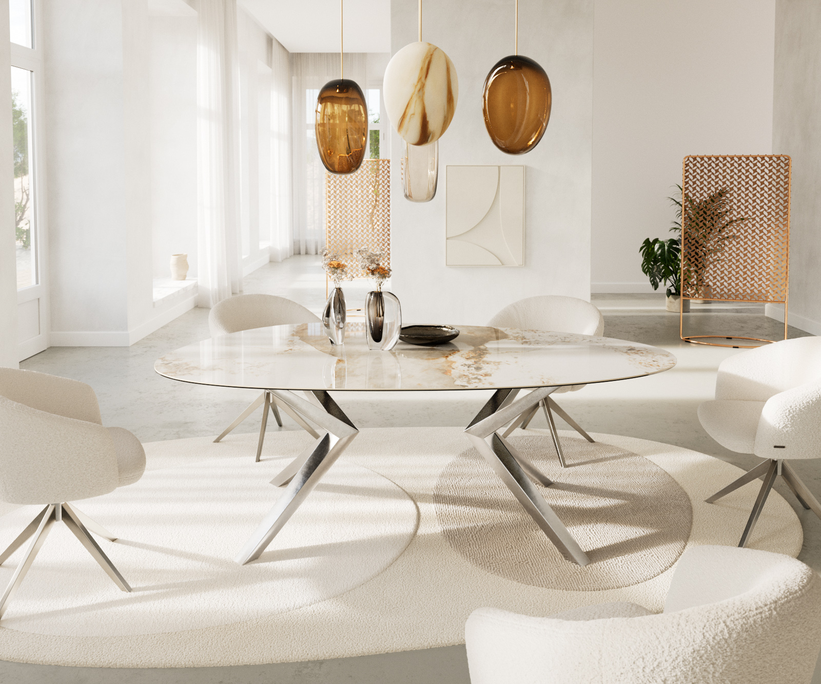 Étkezőasztal Edge ovális 220x120 kerámia Minas melange fehér-bézs Zenthara szögletes rozsdamentes acél - Image 2