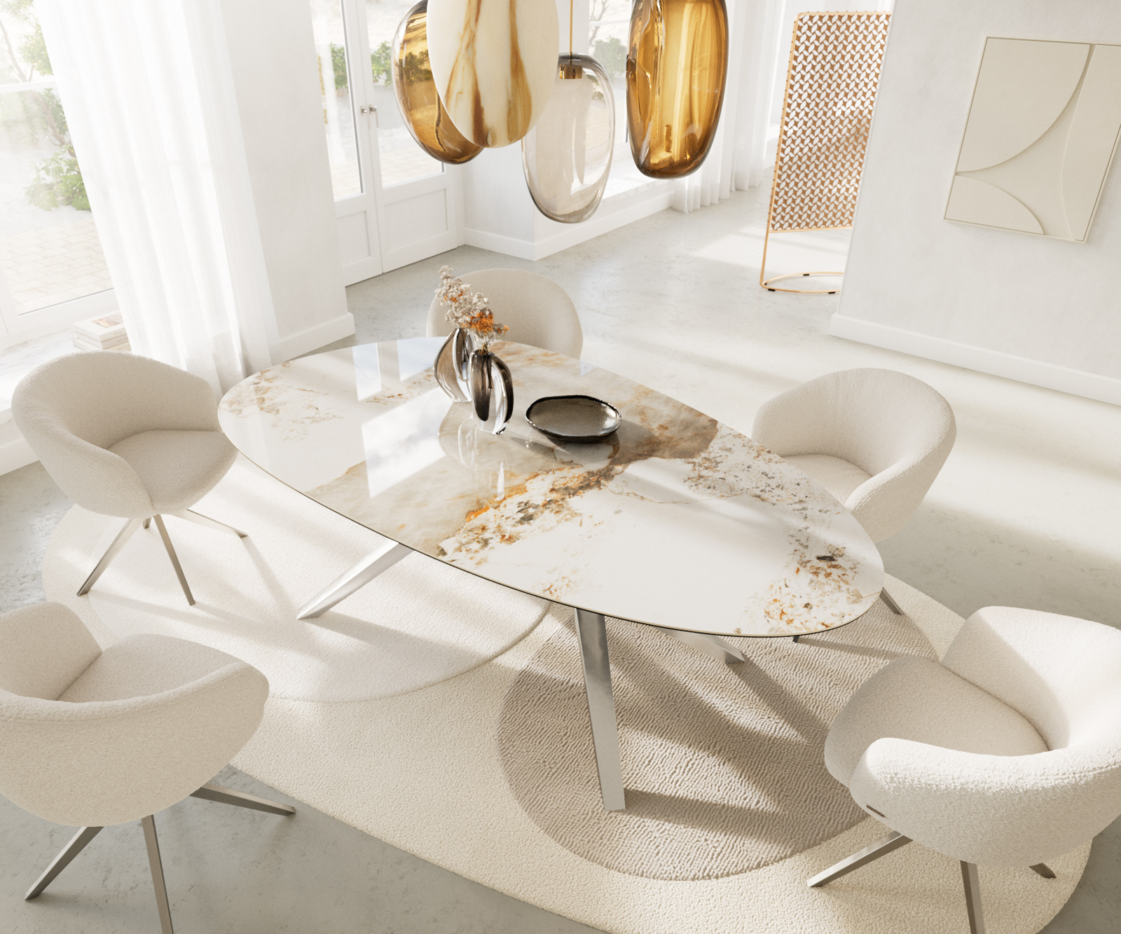 Étkezőasztal Edge ovális 220x120 kerámia Minas melange fehér-bézs Zenthara szögletes rozsdamentes acél - Image 4