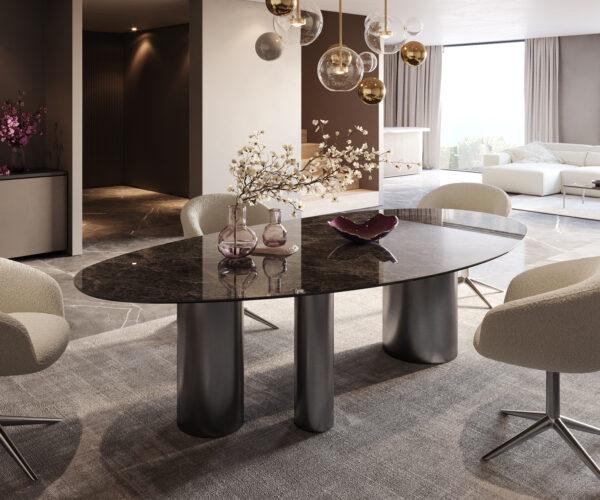 Étkezőasztal Edge ovális 280x130 kerámia Laminam® Emperador Extra Lucidato sötétbarna Troa rozsdamentes acél grafit