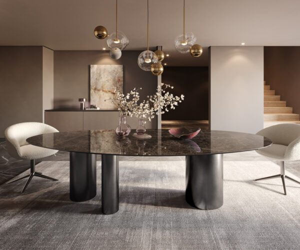 Étkezőasztal Edge ovális 280x130 kerámia Laminam® Emperador Extra Lucidato sötétbarna Troa rozsdamentes acél grafit - Image 2