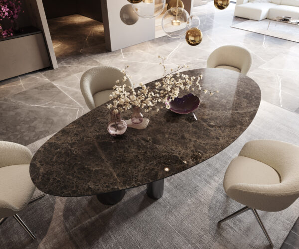 Étkezőasztal Edge ovális 280x130 kerámia Laminam® Emperador Extra Lucidato sötétbarna Troa rozsdamentes acél grafit - Image 3