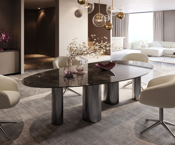 Étkezőasztal Edge ovális 280x130 kerámia Laminam® Emperador Extra Lucidato sötétbarna rozsdamentes acél pilier grafit