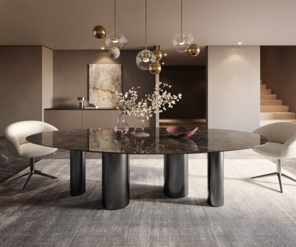 Étkezőasztal Edge ovális 280x130 kerámia Laminam® Emperador Extra Lucidato sötétbarna rozsdamentes acél pilier grafit - Image 2
