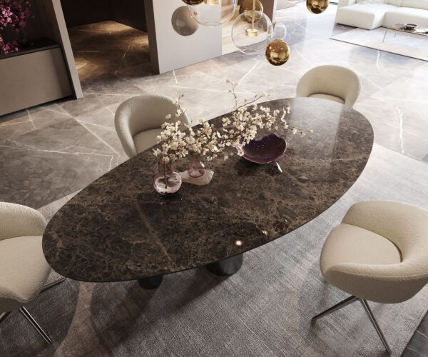 Étkezőasztal Edge ovális 280x130 kerámia Laminam® Emperador Extra Lucidato sötétbarna rozsdamentes acél pilier grafit - Image 3