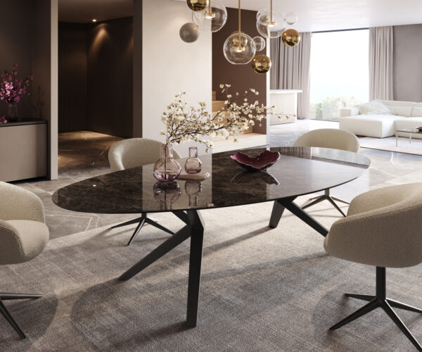 Étkezőasztal Edge ovális 280x130 kerámia Laminam® Emperador Extra Lucidato sötétbarna Zenthara szögletes fém fekete