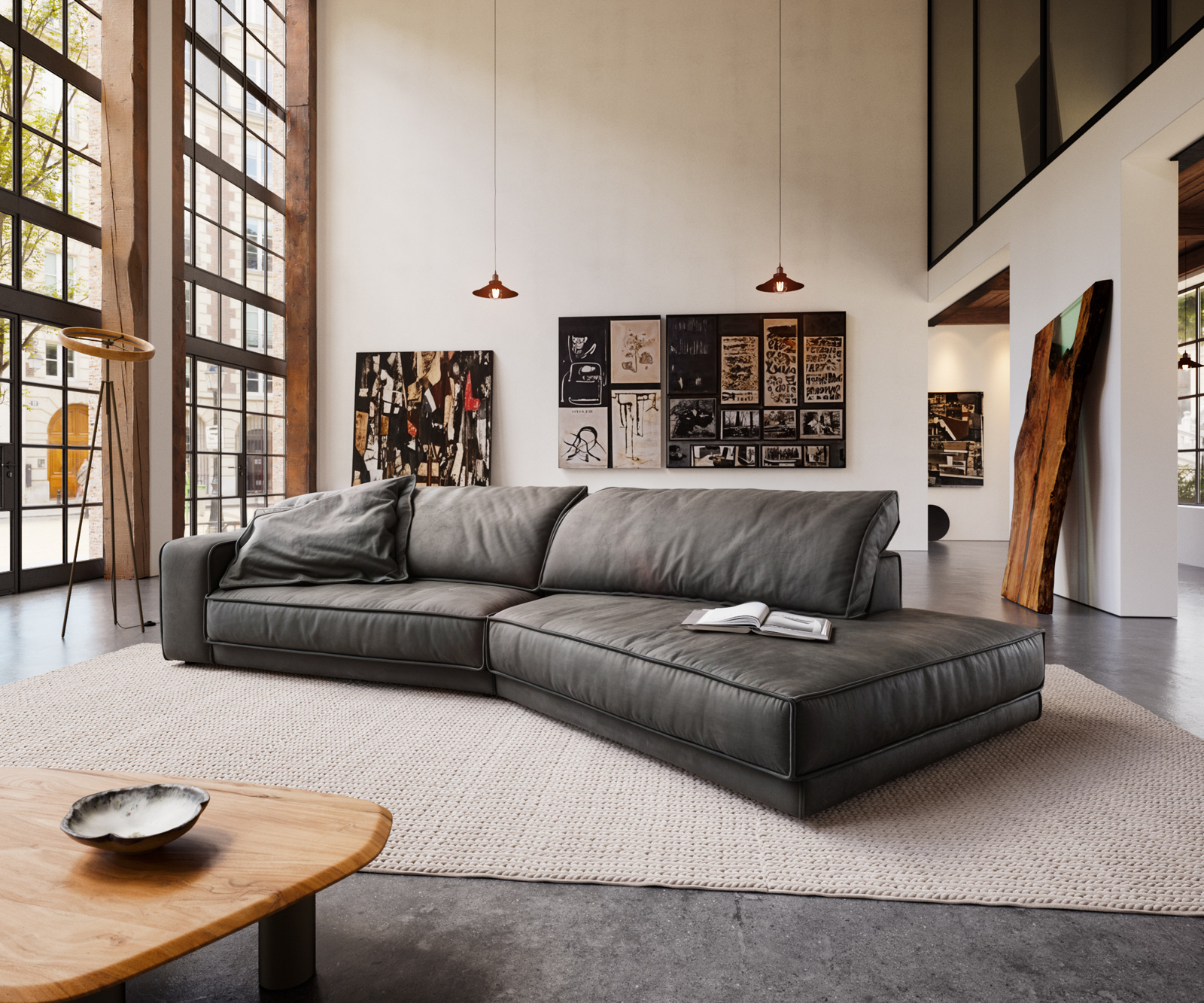 Nagy kanapé Snoosh 400x150 cm mikroszálas fekete vintage rekamié jobb oldali