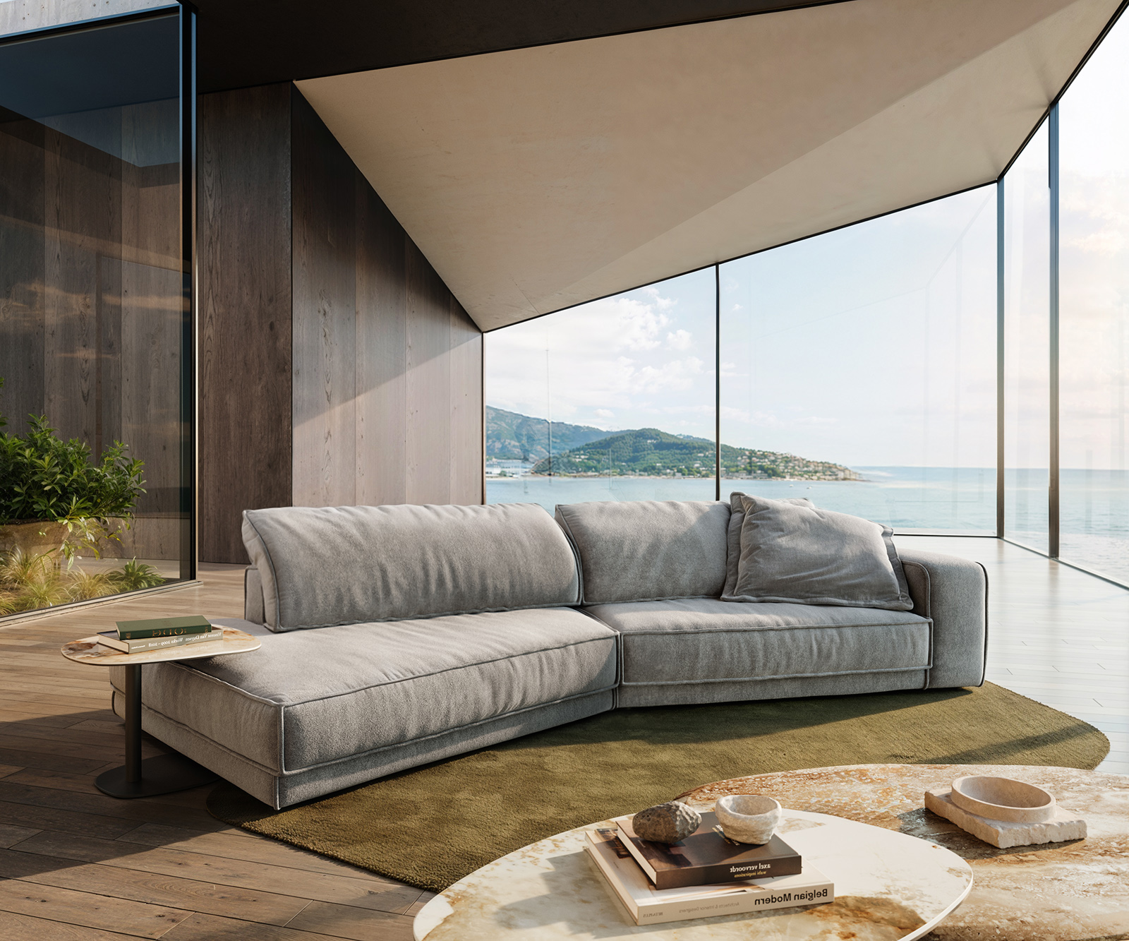 Nagy kanapé Snoosh 400x150 cm strukturált szövet puha szürke bal oldali rekamié