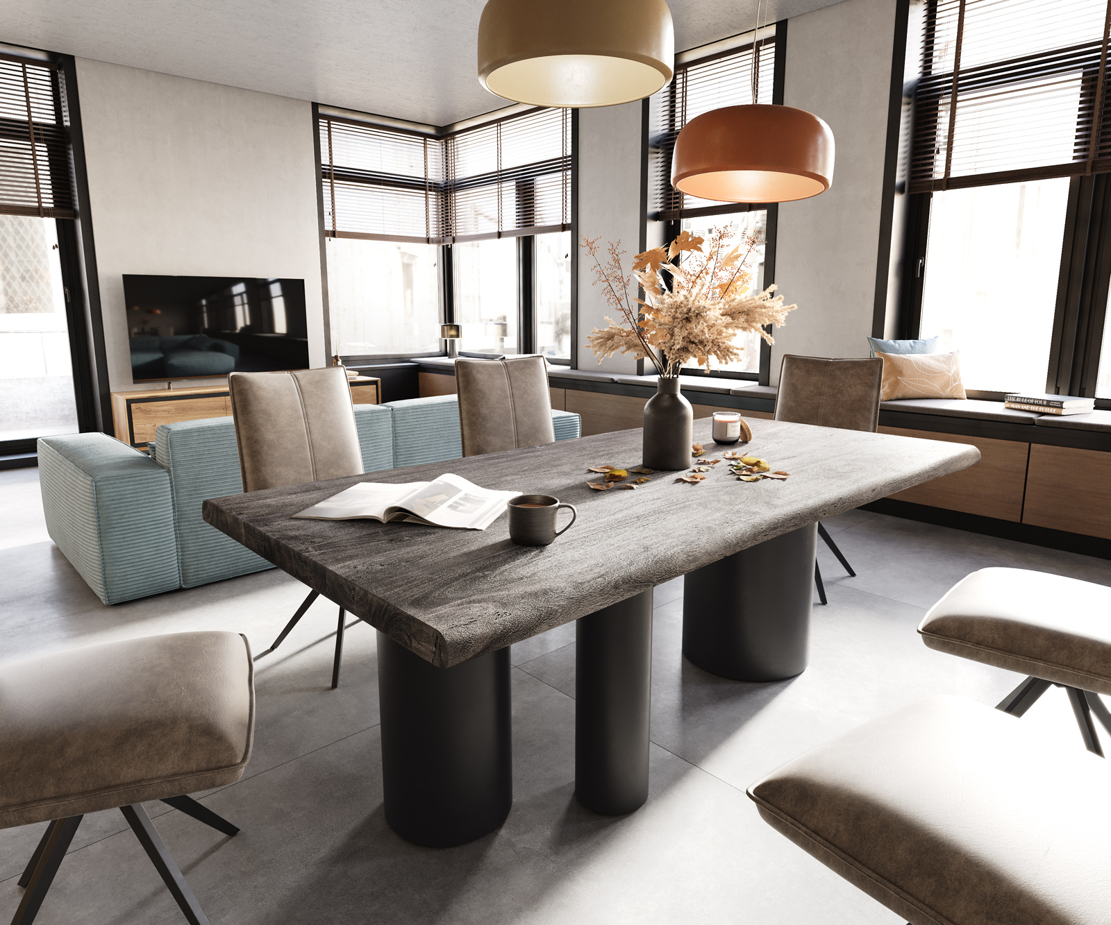 Étkezőasztal Edge 200x100 XL akác platina Troa fém fekete Live-Edge