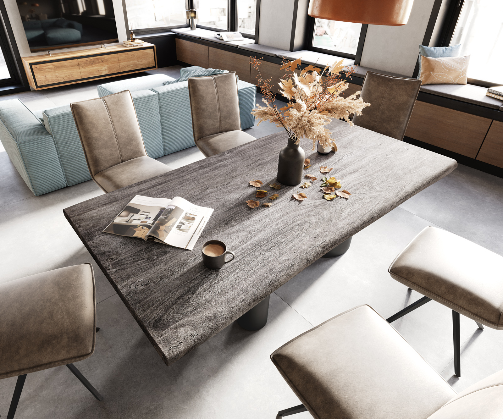 Étkezőasztal Edge 200x100 XL akác platina Troa fém fekete Live-Edge - Image 4