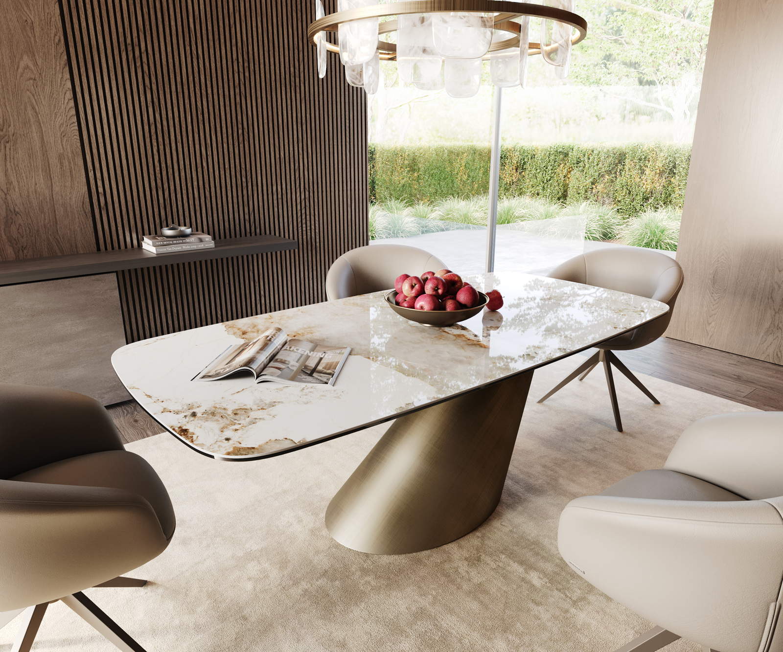 Étkezőasztal Edge hajóformájú 200x100 cm kerámia Minas melange fehér-bézs Cono metál arany