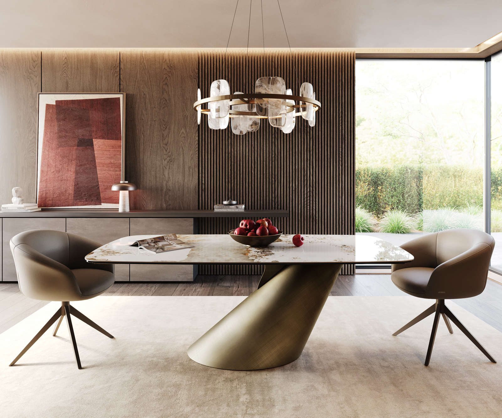 Étkezőasztal Edge hajóformájú 200x100 cm kerámia Minas melange fehér-bézs Cono metál arany - Image 2