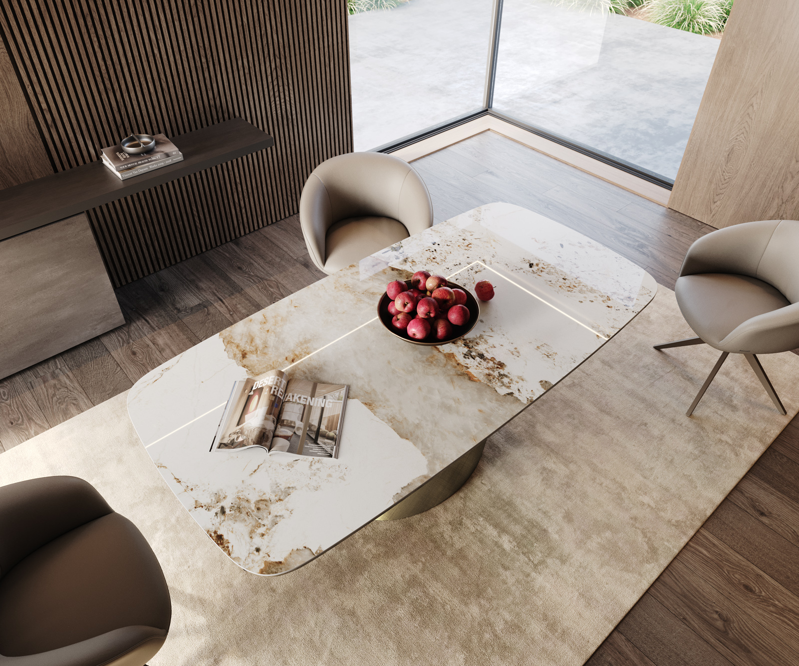 Étkezőasztal Edge hajóformájú 200x100 cm kerámia Minas melange fehér-bézs Cono metál arany - Image 4