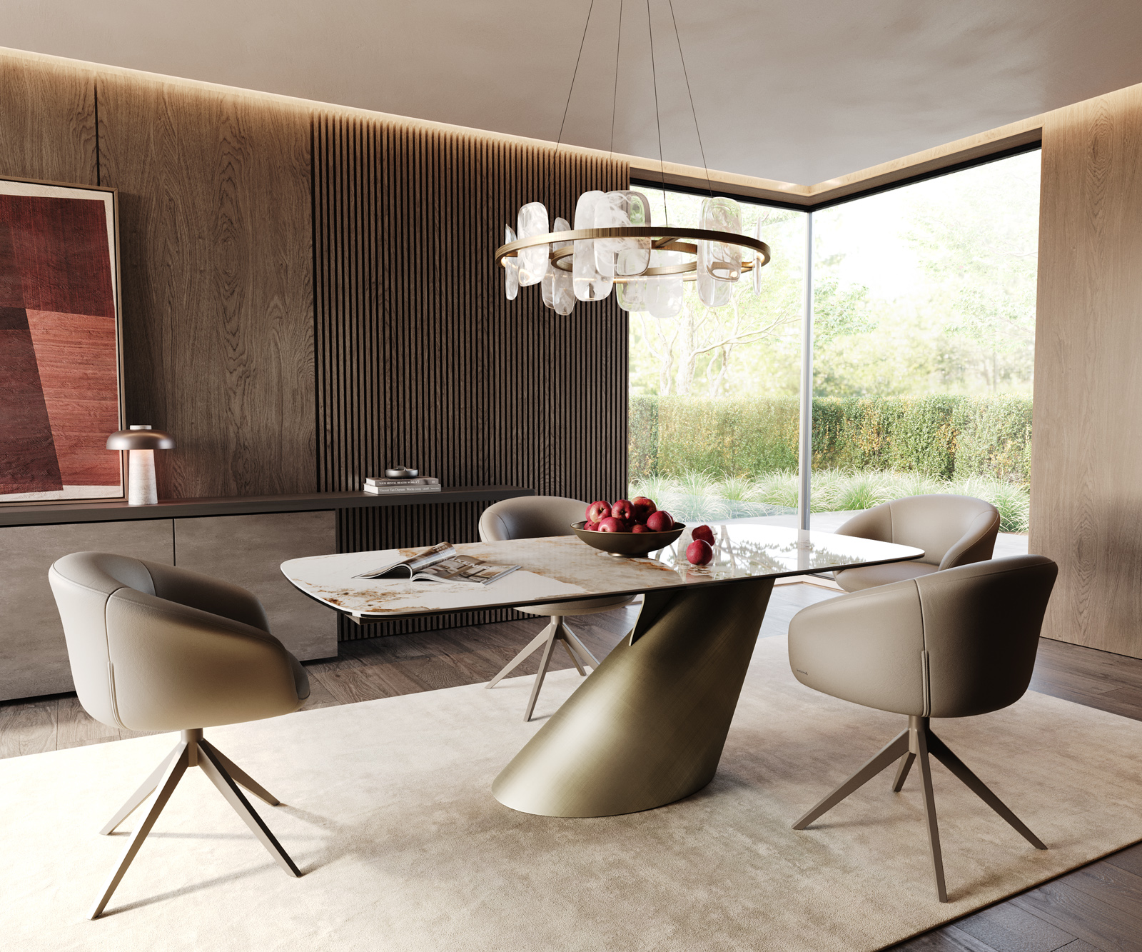 Étkezőasztal Edge hajóformájú 200x100 cm kerámia Minas melange fehér-bézs Cono metál arany - Image 7