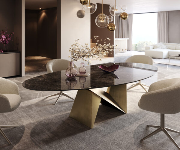 Étkezőasztal Edge ovális 280x130 kerámia Laminam® Emperador Extra Lucidato sötétbarna Origami metál arany