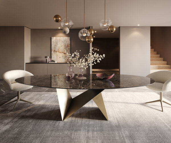 Étkezőasztal Edge ovális 280x130 kerámia Laminam® Emperador Extra Lucidato sötétbarna Origami metál arany - Image 2