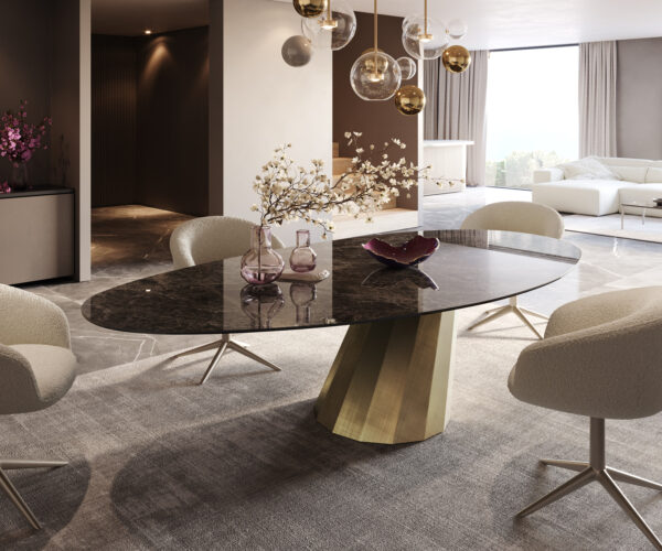 Étkezőasztal Edge ovális 280x130 kerámia Laminam® Emperador extra polírozott sötétbarna parabolikus metál arany