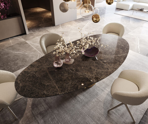 Étkezőasztal Edge ovális 280x130 kerámia Laminam® Emperador extra polírozott sötétbarna parabolikus metál arany - Image 3