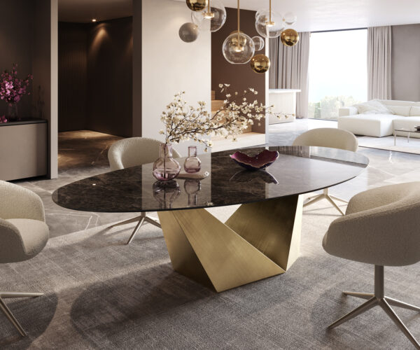 Étkezőasztal Edge ovális 280x130 cm Laminam® Emperador extra fényes kerámia sötétbarna Prisma metál arany