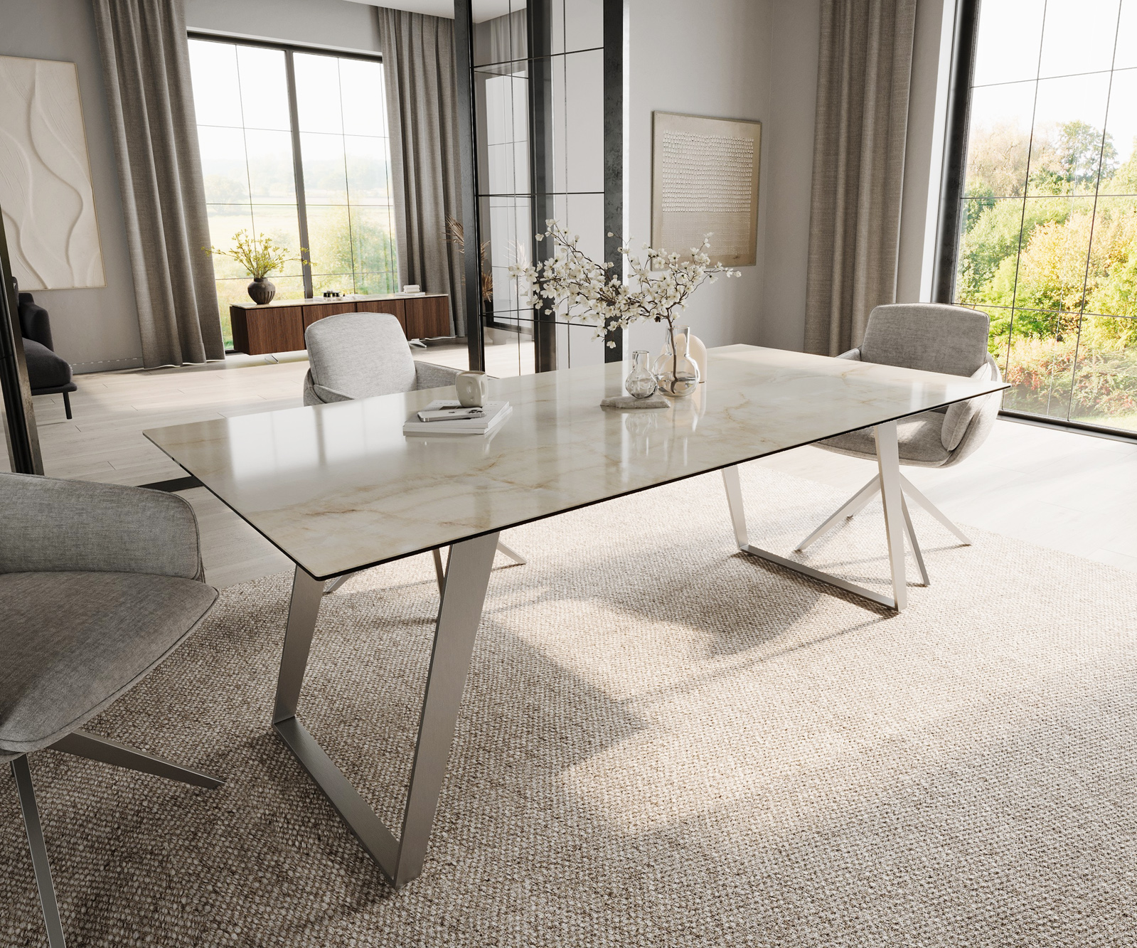 Étkezőasztal Edge 200x100 cm Laminam® Onice Oro kerámia rozsdamentes acél ferde láb