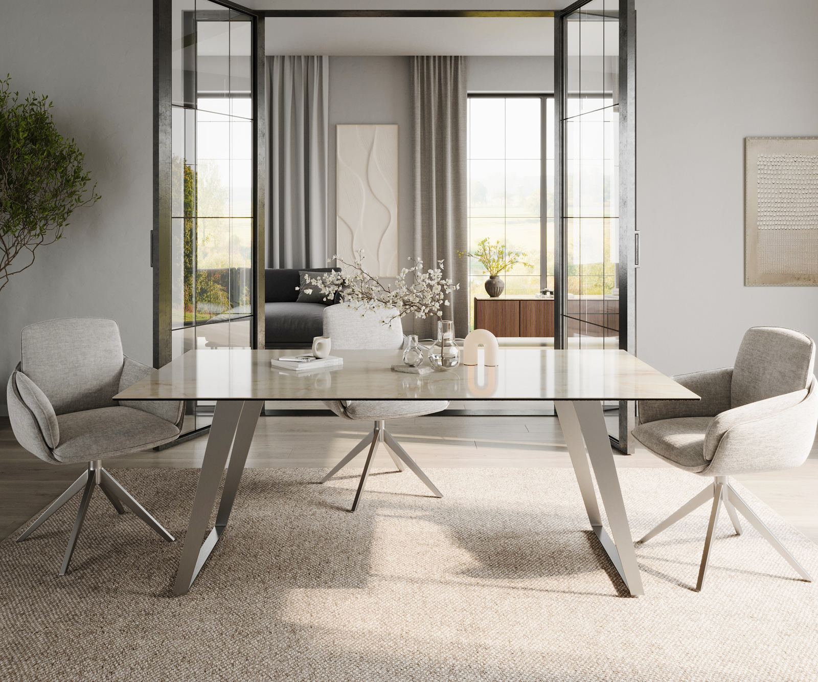 Étkezőasztal Edge 200x100 cm Laminam® Onice Oro kerámia rozsdamentes acél ferde láb - Image 2