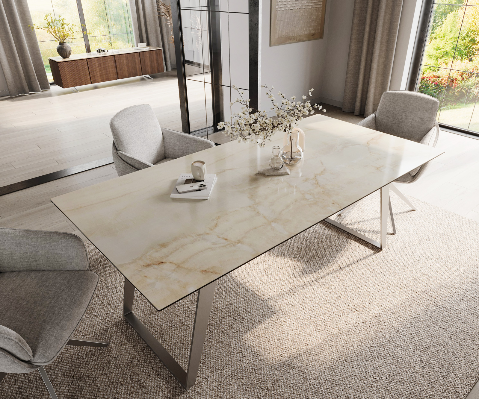 Étkezőasztal Edge 200x100 cm Laminam® Onice Oro kerámia rozsdamentes acél ferde láb - Image 4