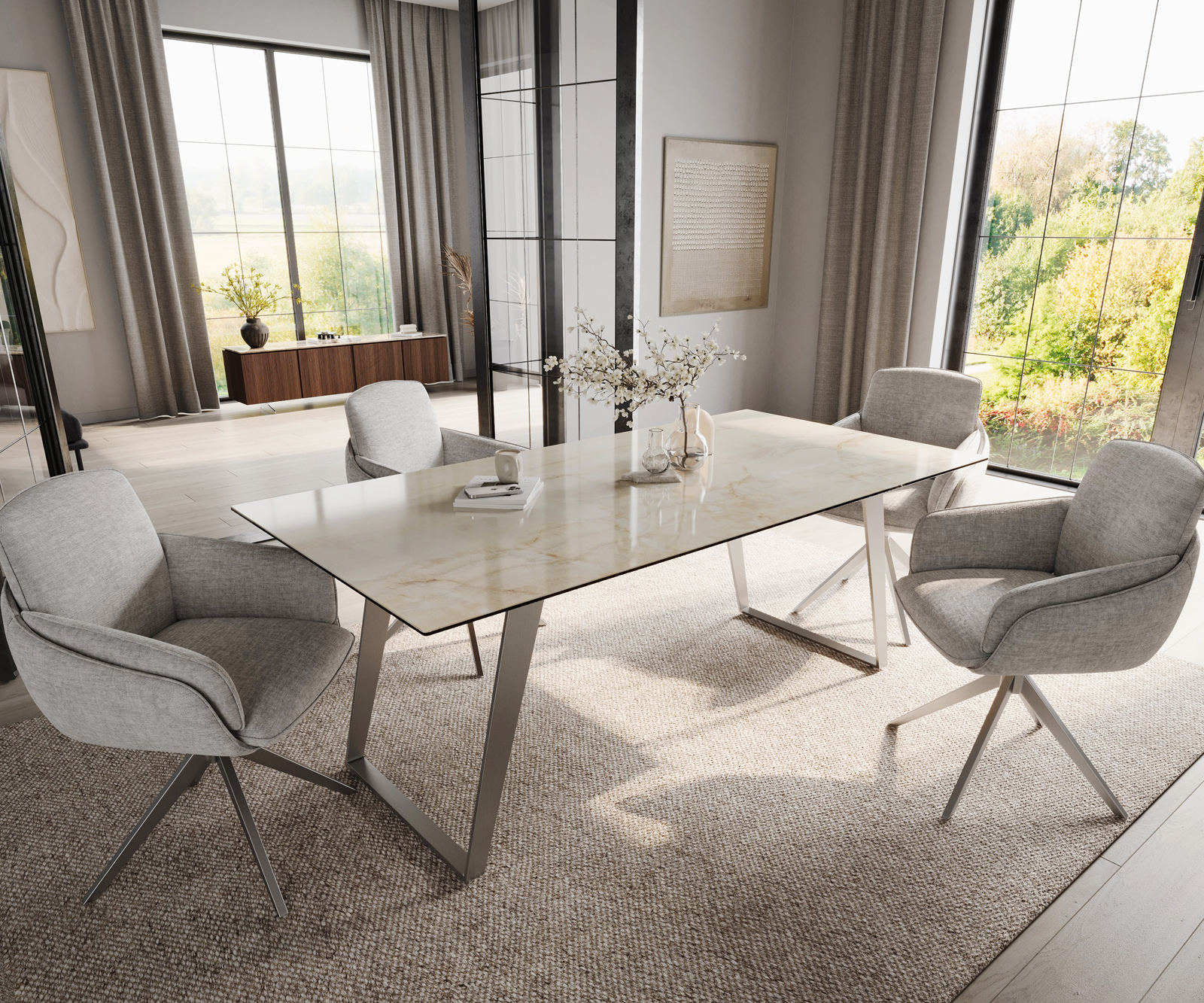 Étkezőasztal Edge 200x100 cm Laminam® Onice Oro kerámia rozsdamentes acél ferde láb - Image 6