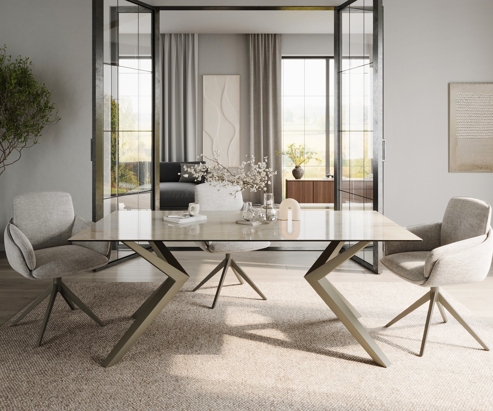 Étkezőasztal Edge 200x100 kerámia Laminam® Onice Oro Zenthara szögletes fém titán effekt felület - Image 2