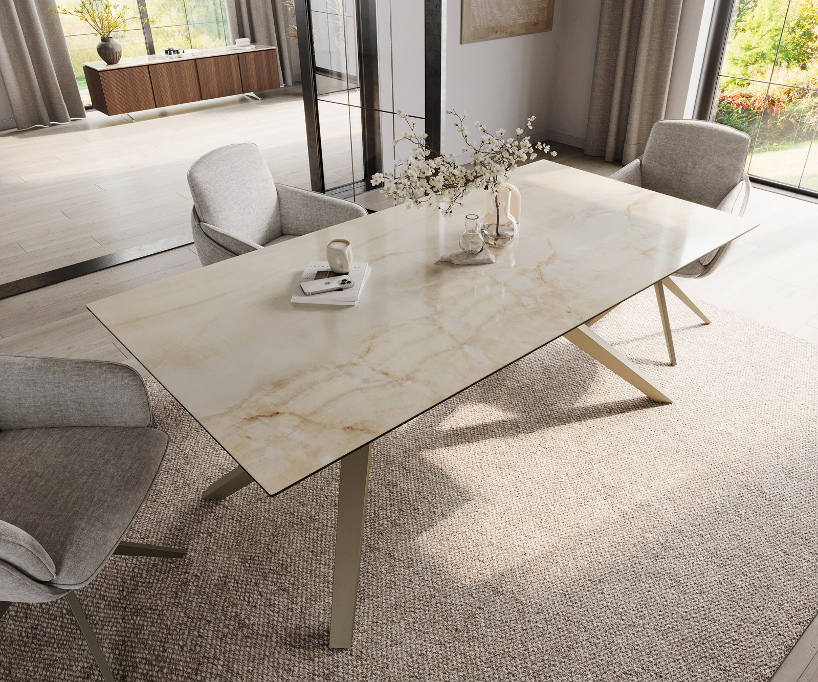 Étkezőasztal Edge 200x100 kerámia Laminam® Onice Oro Zenthara szögletes fém titán effekt felület - Image 4