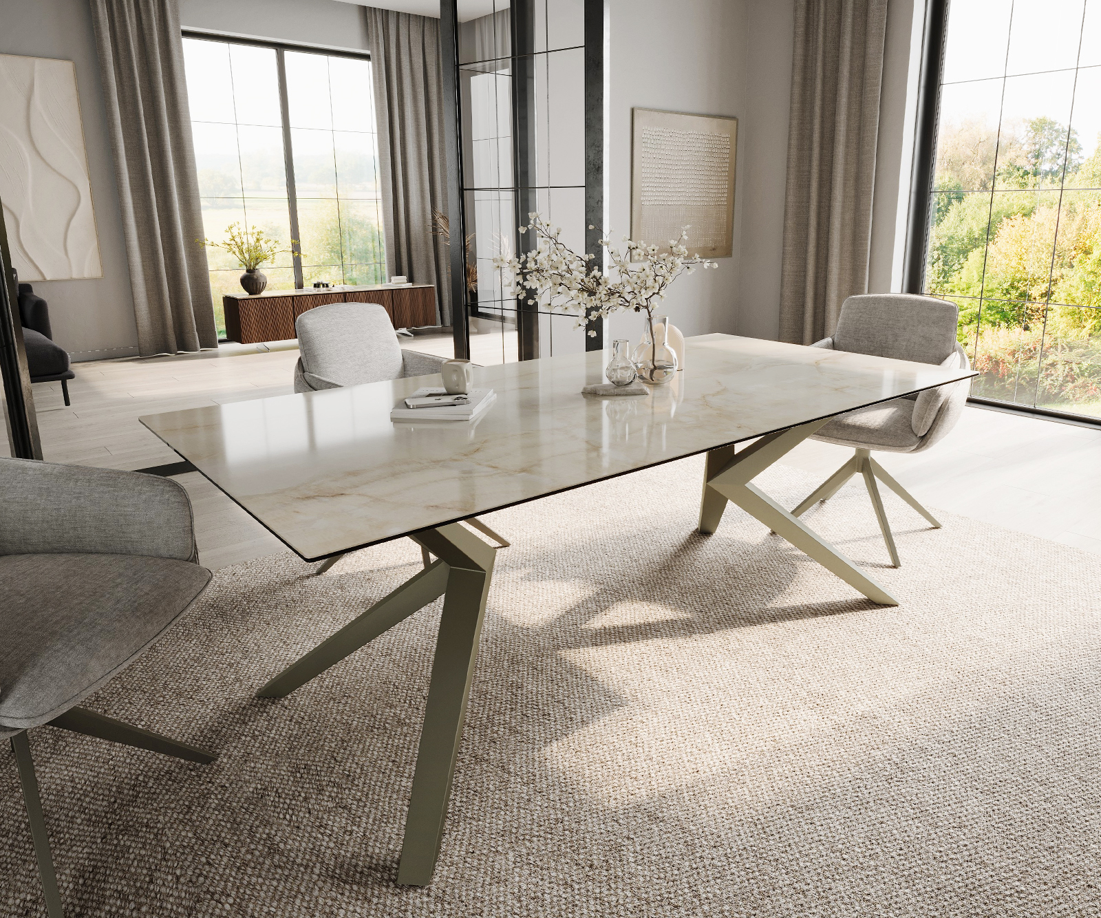 Étkezőasztal Edge 200x100 kerámia Laminam® Onice Oro Zenthara szögletes fém titán effekt felület