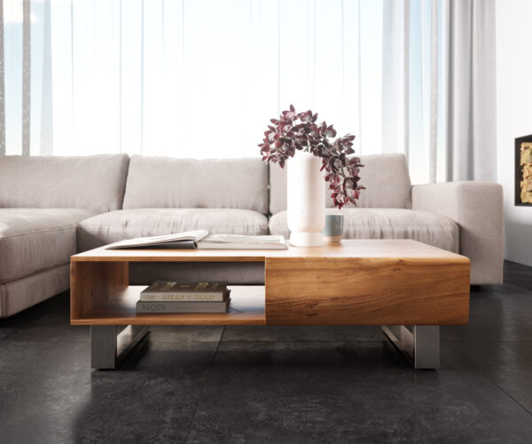 Dohányzóasztal New Live-Edge 115x60 cm akác természetes 2 fiók 1 rekesz vékony láb rozsdamentes acél szálcsiszolt - Image 2