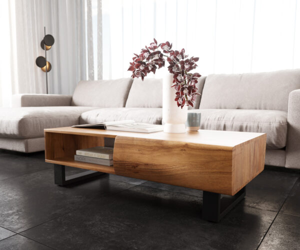 Dohányzóasztal New Live-Edge 115x60 cm akác természetes 2 fiókos 1 rekeszes fém kúszó láb fekete