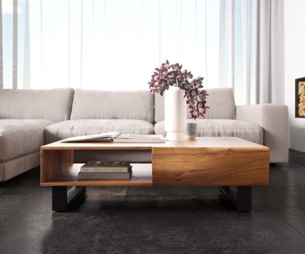 Dohányzóasztal New Live-Edge 115x60 cm akác természetes 2 fiókos 1 rekeszes fém kúszó láb fekete - Image 2