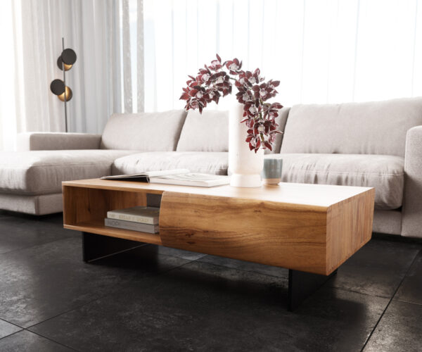 Dohányzóasztal New Live-Edge 115x60 cm akác természetes 2 fiók 1 rekesz lebegő fém láb fekete