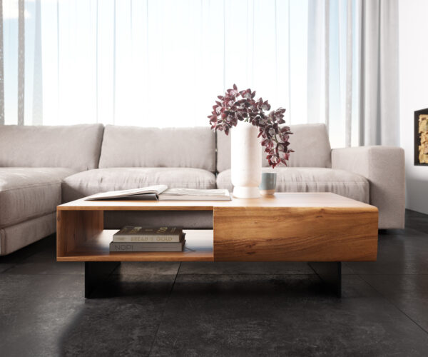 Dohányzóasztal New Live-Edge 115x60 cm akác természetes 2 fiók 1 rekesz lebegő fém láb fekete - Image 2