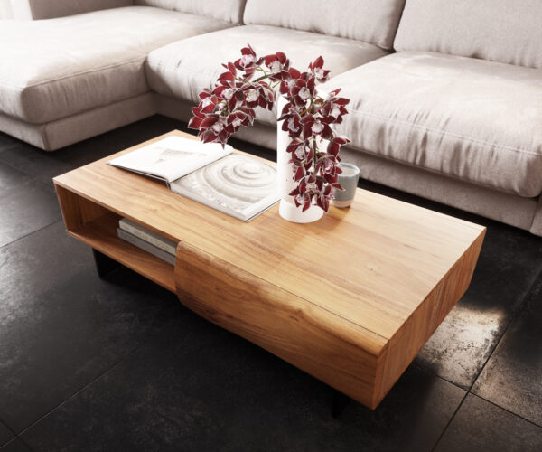 Dohányzóasztal New Live-Edge 115x60 cm akác természetes 2 fiók 1 rekesz lebegő fém láb fekete - Image 4