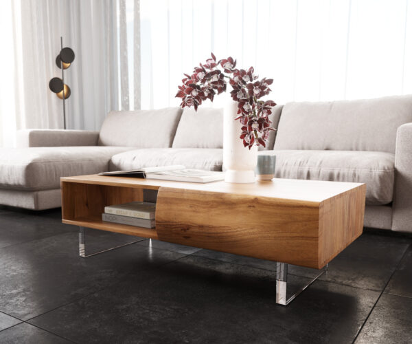 Dohányzóasztal New Live-Edge 115x60 cm akác természetes 2 fiók 1 rekesz akril láb