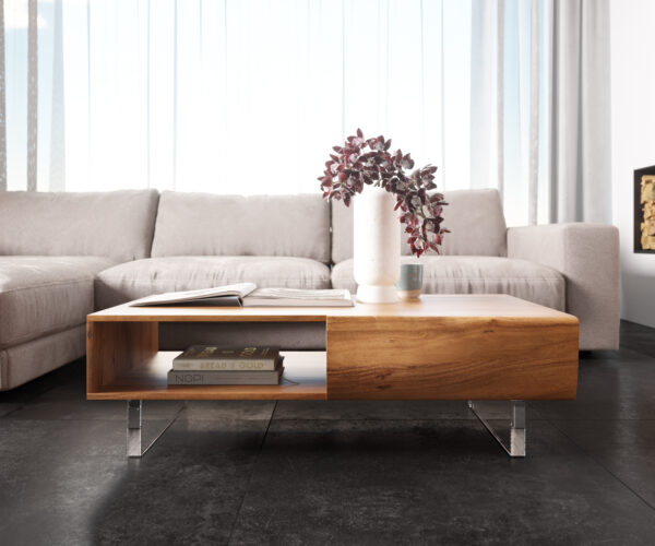Dohányzóasztal New Live-Edge 115x60 cm akác természetes 2 fiók 1 rekesz akril láb - Image 2