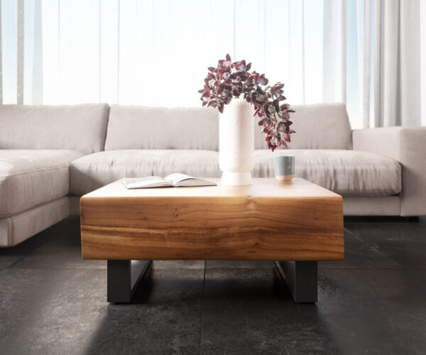 Dohányzóasztal New Live-Edge 80x60 cm akác természetes 2 fiókos fém kúszó láb fekete - Image 2