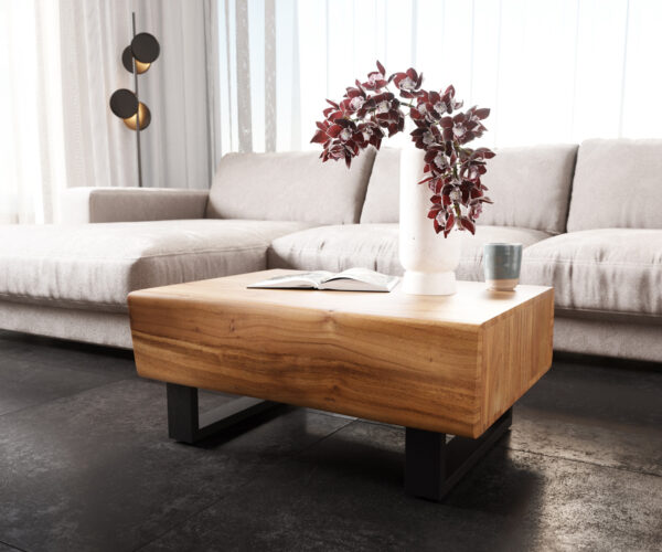 Dohányzóasztal New Live-Edge 80x60 cm akác természetes 2 fiókos fém kúszó láb fekete - Image 4